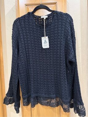 easel Black Open-Knit Crewneck Sweater with Lace Hem